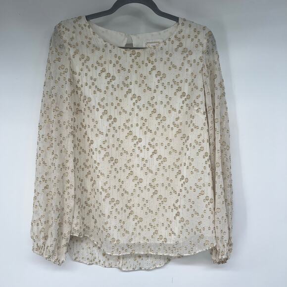 STS Sail to Sable Polka Metallic Gold Popover Blouse Women Sz M White Silk Blend - Picture 1 of 9